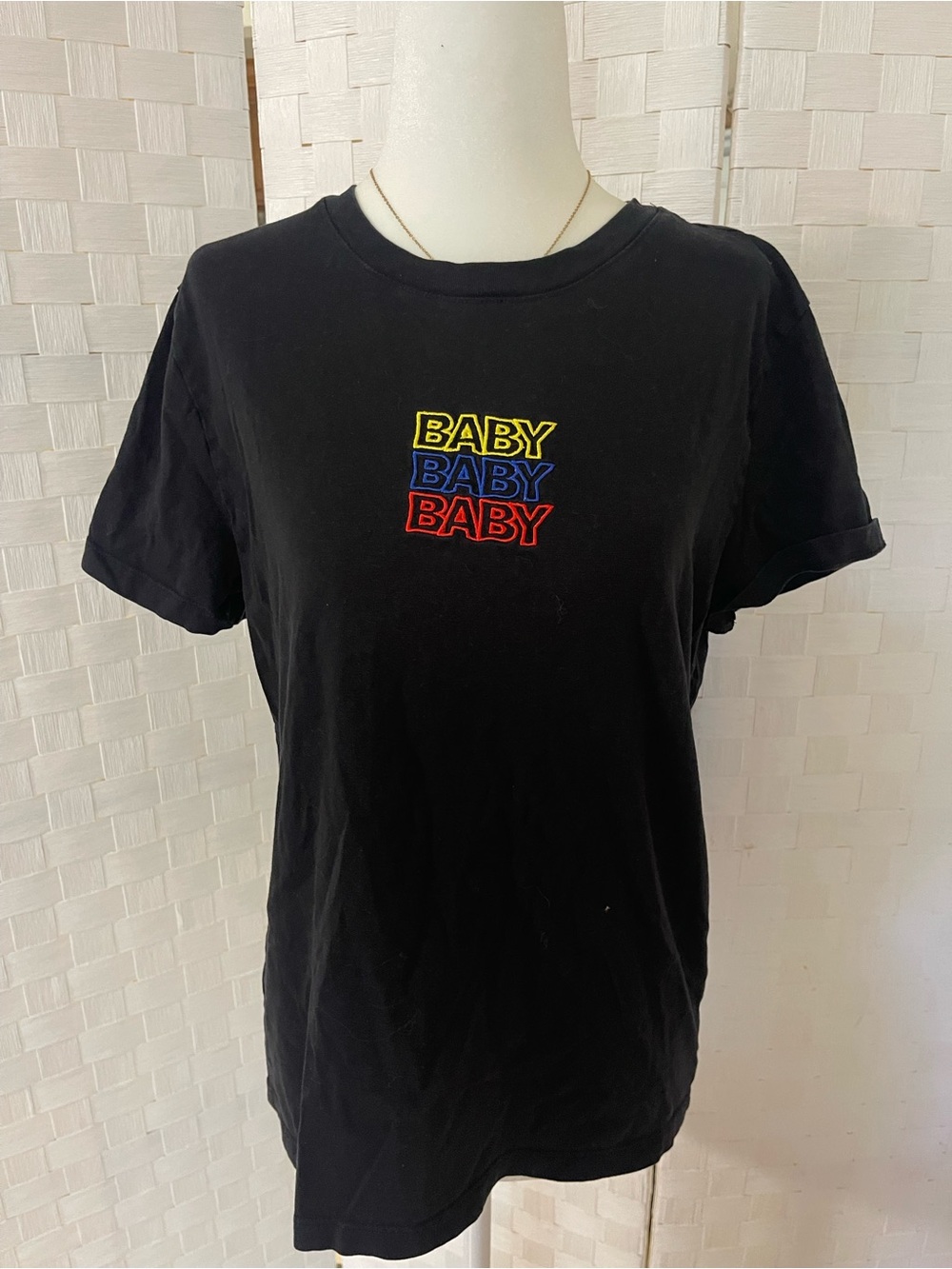 LG Black Short Sleeve Tee with Yellow, Blue & Red 'BABY' Stacked Print
